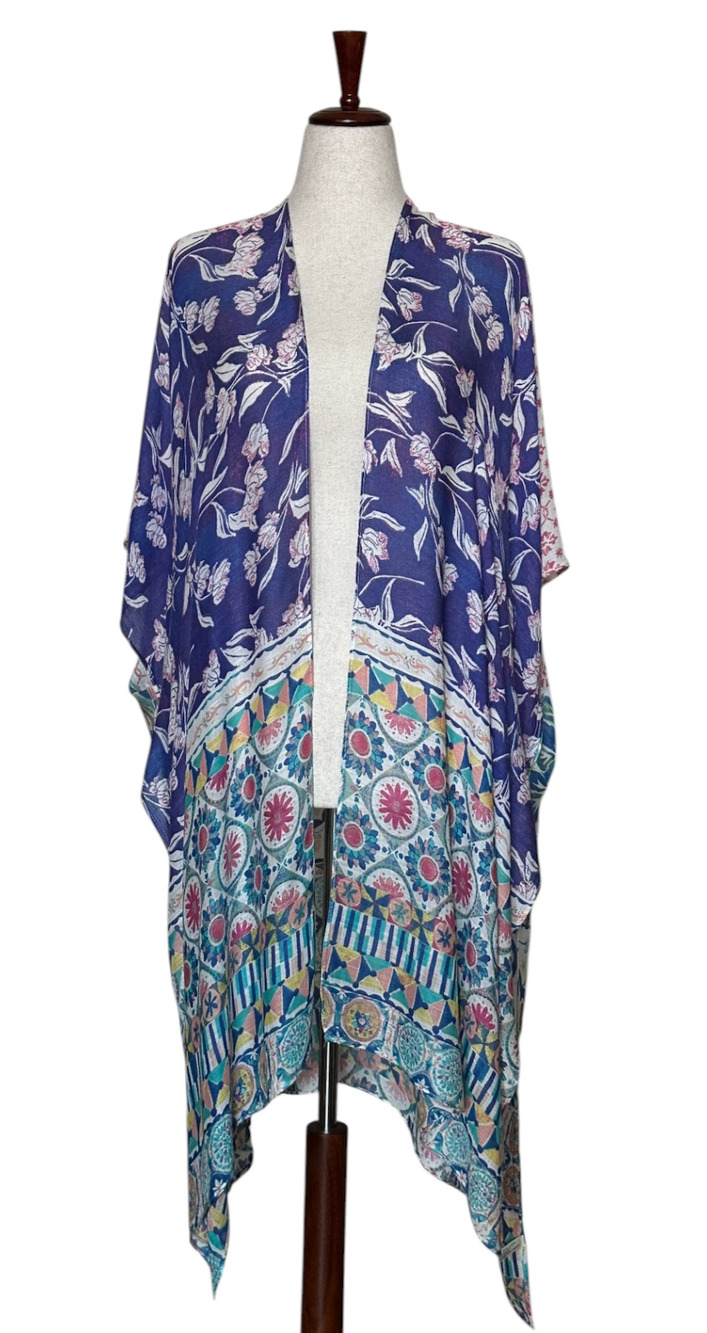 Boho Floral Kimono Cardigan Open Front 100% Viscose One Size Beach Cover Up